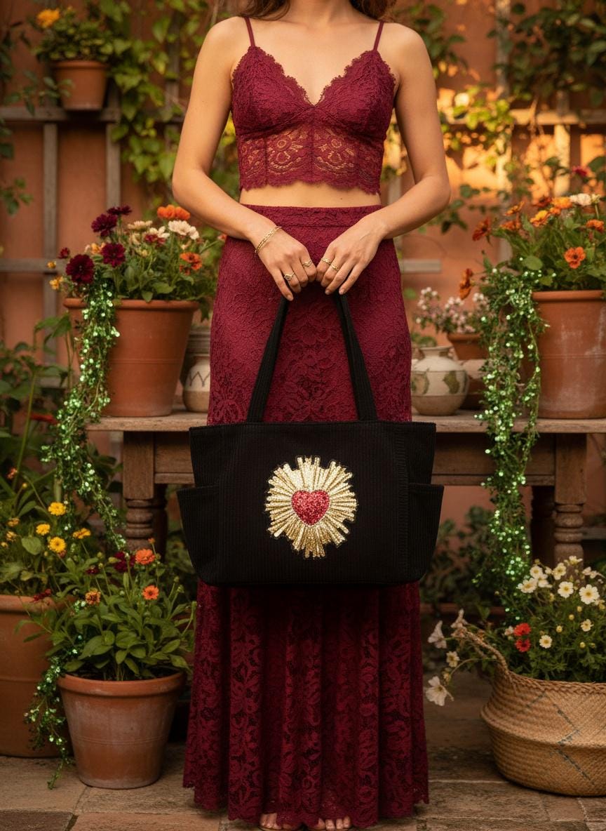 Boho Cord Velvet Bag Dark Green | Sacred Heart Patch Crown Patch Whimsical Bag Mystic Tote Black von RubyLines