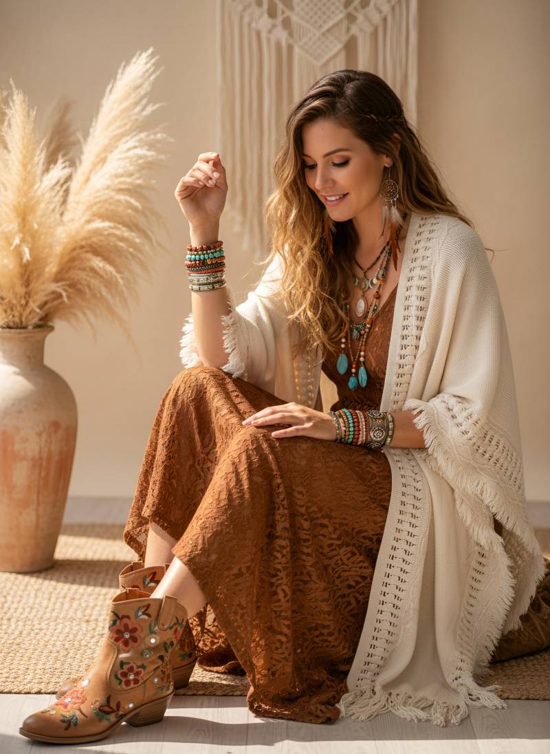 Boho Kimono - Festival Kimono Cardigan Bell Sleeves Bohemian Beige Ruana Festival Outfit Warm Layering Kimono, Gehäkelter von RubyLines