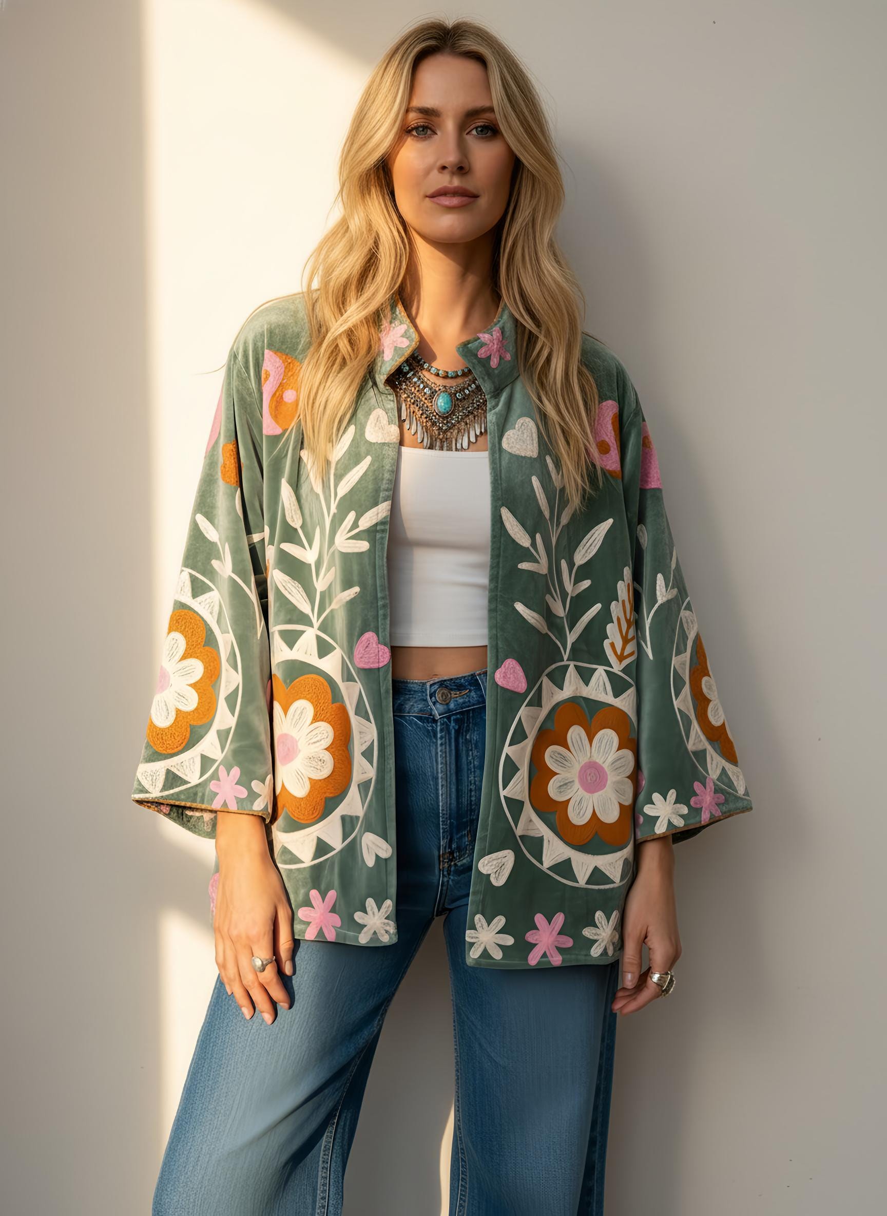 Boho Suzani Samtjacke- Bestickte Velvet Jacket- One Size S-xl | Eu/Us 4-14 Uk 8-16 - Warme Boho Geschenkidee Bunte Stickerei- Unisex von RubyLines