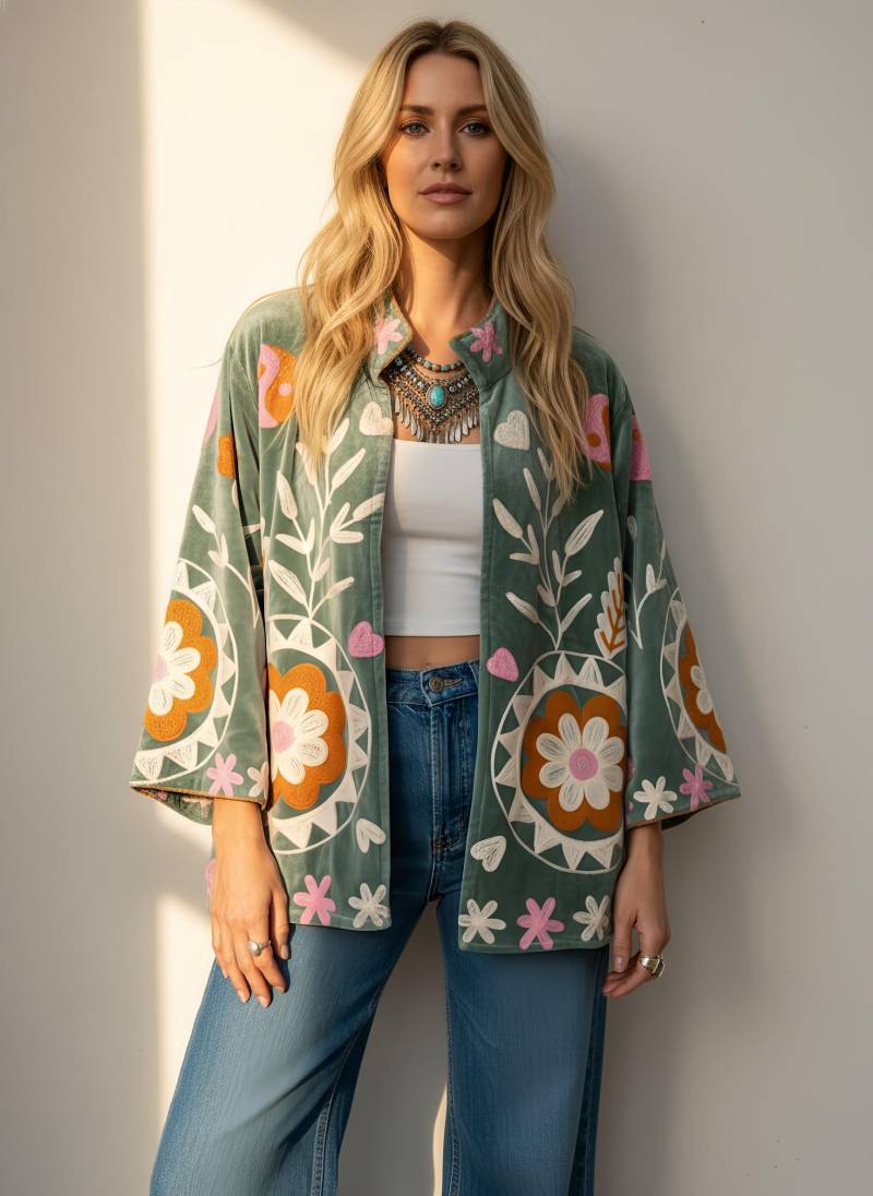 Boho Suzani Samtjacke- Bestickte Velvet Jacket- One Size S-xl | Eu/Us 4-14 Uk 8-16 - Warme Boho Geschenkidee Bunte Stickerei- Unisex von RubyLines