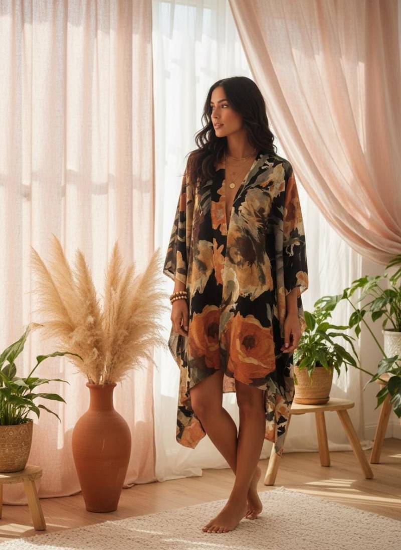 Bunte Strickjacke, Langer Kimono Cardigan, Schwarz Beige Umhang, Frauen Überwurf, Festival Kimono, Kaschmir Imitat Plus Size Kimono Jacket von RubyLines