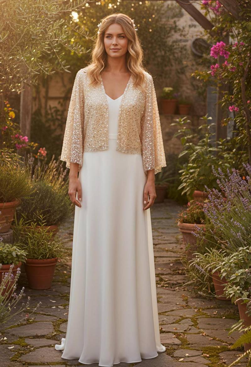 Customized Gold Sequin & Pearls Short Jacket, Plus Size Bride Bolero, Bridesmaid Lace Cape, White Wedding Dress Pearl Cape von RubyLines