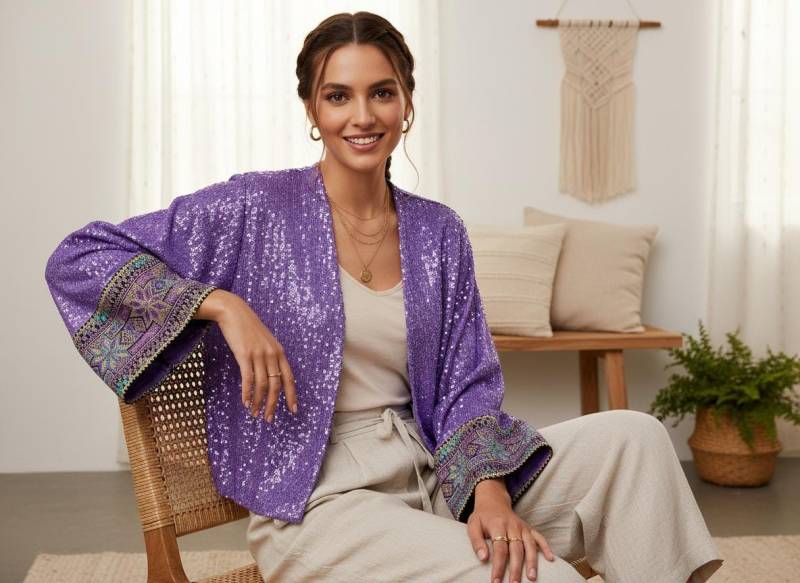 Customized Handmade Purple Sequin Kimono Jacket With Boho Embroidered Trim - One Size & Plus Luxury Festival By Rubylines Customized Handmade Purple Sequin Kimono Jacket With Boho Embroidered Trim - One Size & Plus Luxury Festival By Rubylines von RubyLines