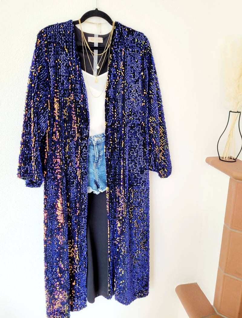 Customized Long Sequin Kimono, Purple Velvet Kimono , Holographic Pink Duster, Long Cape Evening Cover Up, Festival Kimono/ Concert von RubyLines