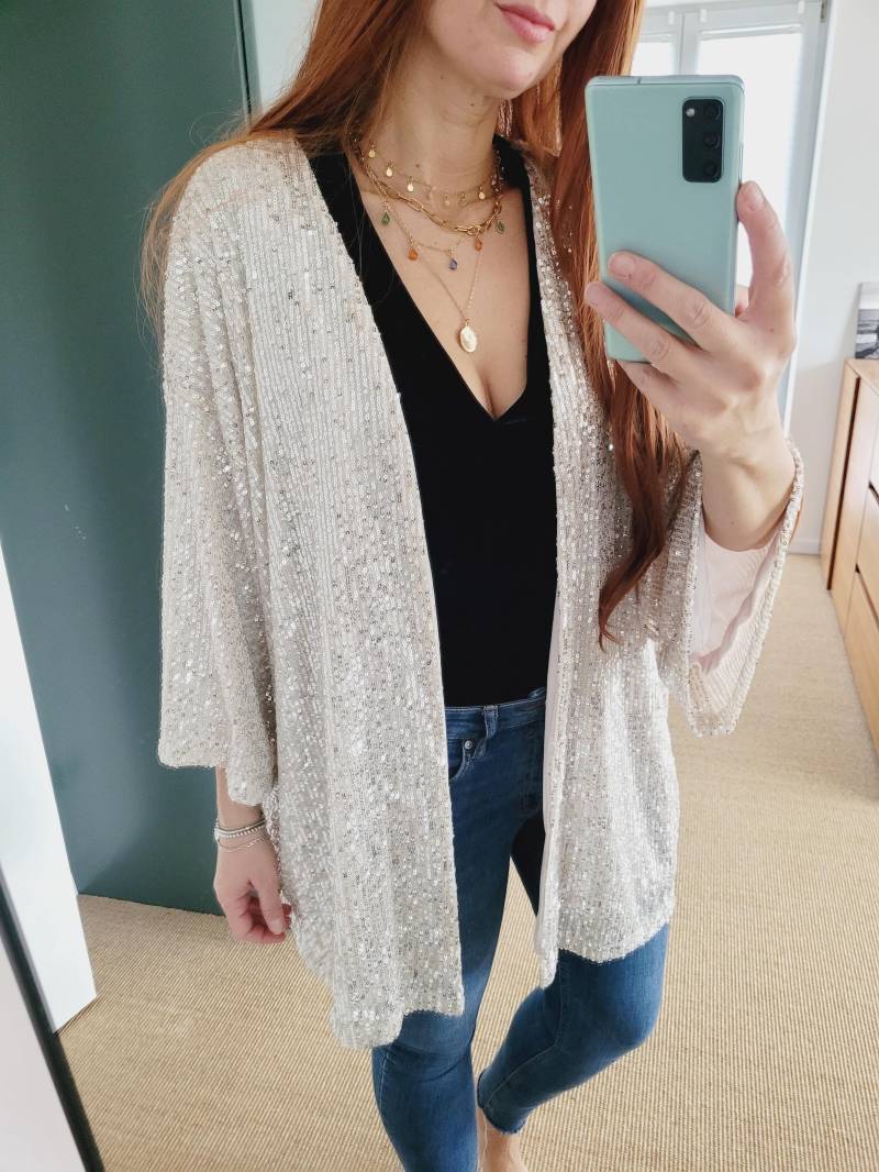 Customized Sequin Cardigan/ Beige Kimono Jacket/ Plus Size Party Cardigan/Glitter Blazer/ Christmas Weddingguest Outfit von RubyLines