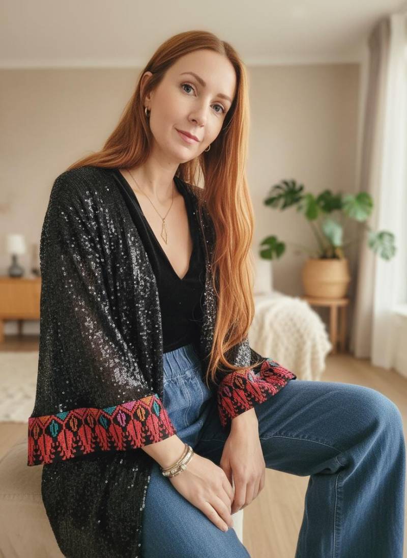 Customized Sequin Cardigan/ Palestinian Embroidery/Kimono Jacket/ Plus Size Cardigan/Glitter Blazer/ Wedding Poncho von RubyLines