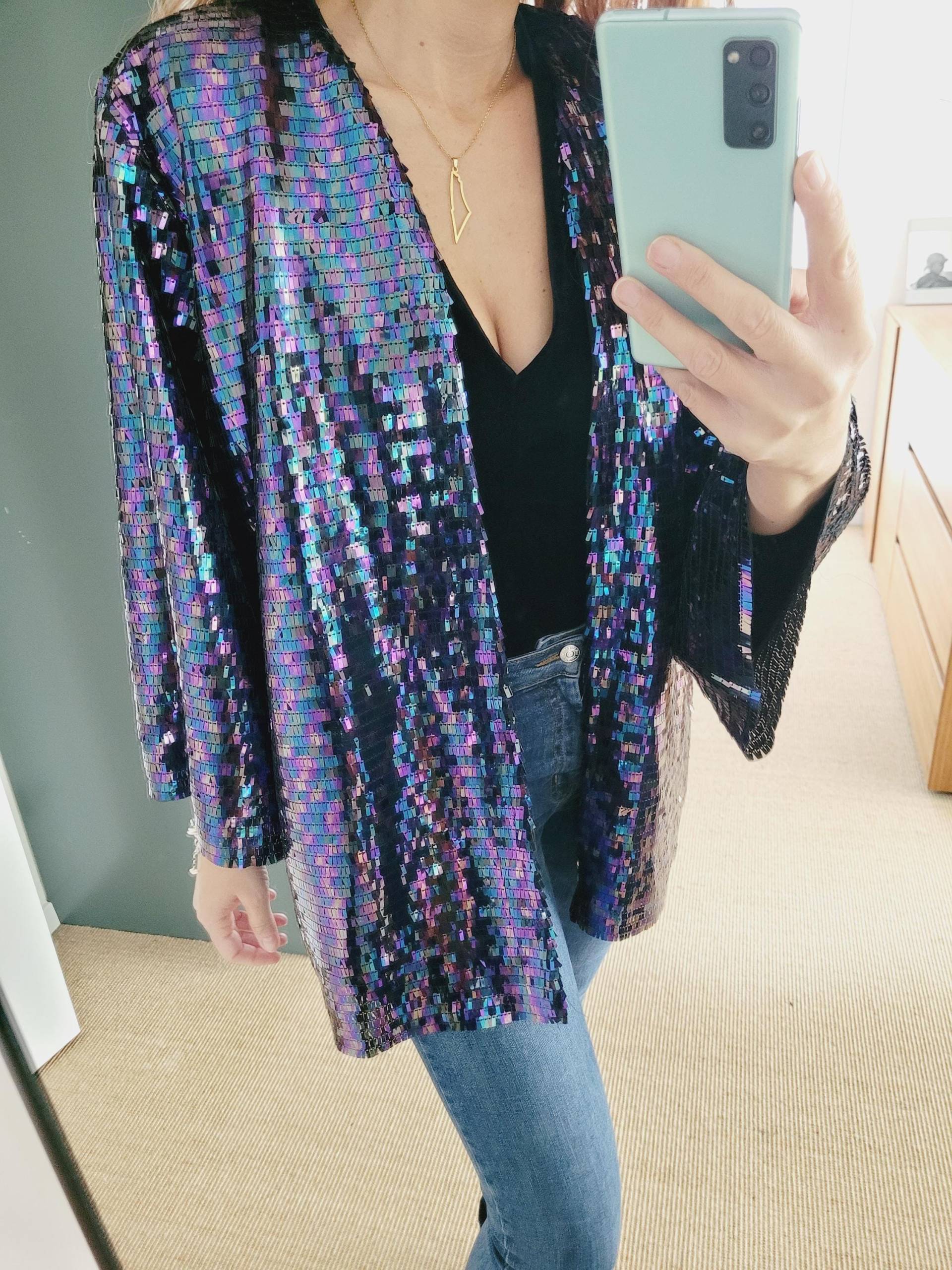 Customized Unisex Holographic Cardigan Oversized Party Reflective Jacket, Short Sparkly Kimono Glittery Blazer, Plus Size Festival Customized Unisex Holographic Cardigan Oversized Party Reflective Jacket, Short Sparkly Kimono Glittery Blazer, Plus Size Festival von RubyLines