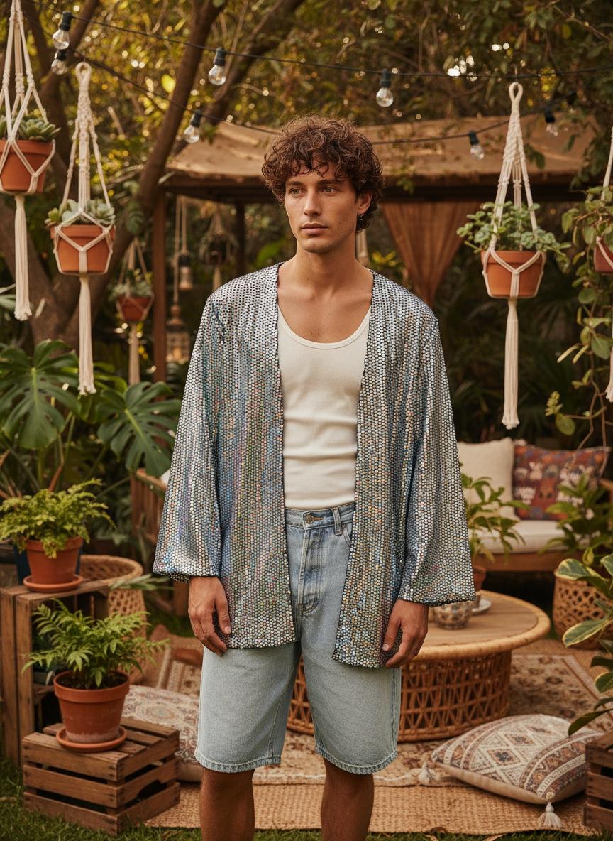 Customized Unisex Holographic Cardigan Oversized Party Reflective Jacket, Short Sparkly Kimono Glittery Blazer, Plus Size Festival von RubyLines