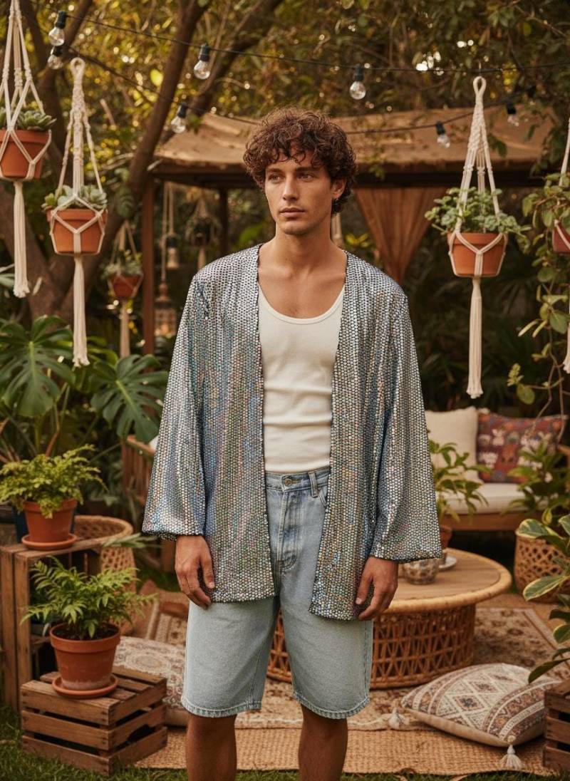 Customized Unisex Holographic Cardigan Oversized Party Reflective Jacket, Short Sparkly Kimono Glittery Blazer, Plus Size Festival von RubyLines