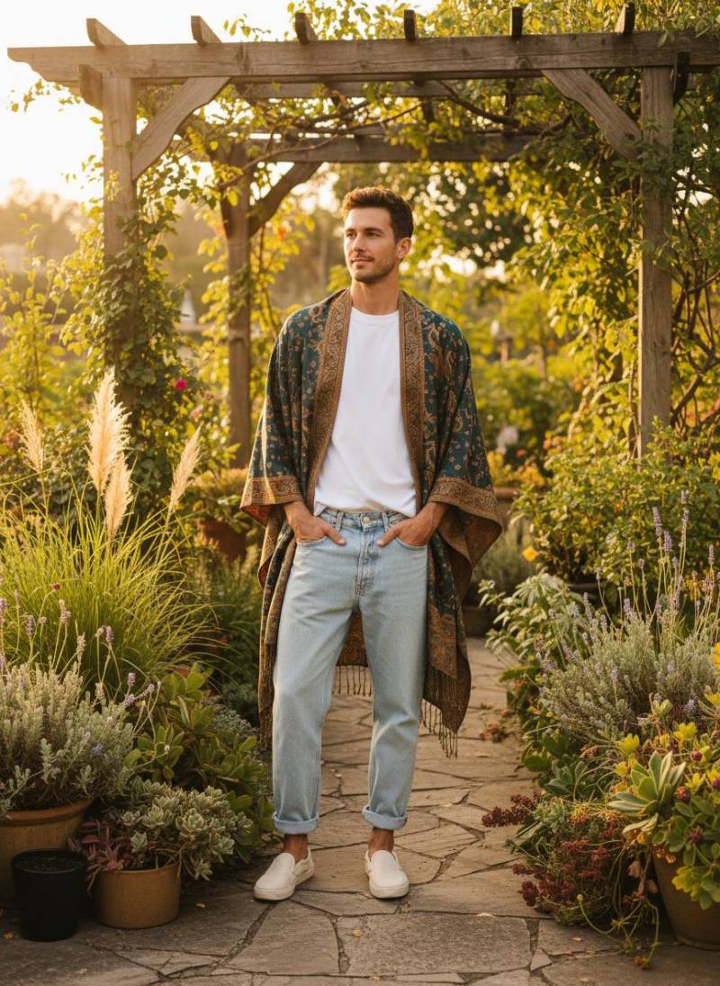 Kimono Men, Unisex Langer Boho-Cardigan, Paisley-Print-Kimono, Leichter Boho Cjic Überwurf, Pashmina Jacke, Petrol, Black, Dark Orange von RubyLines