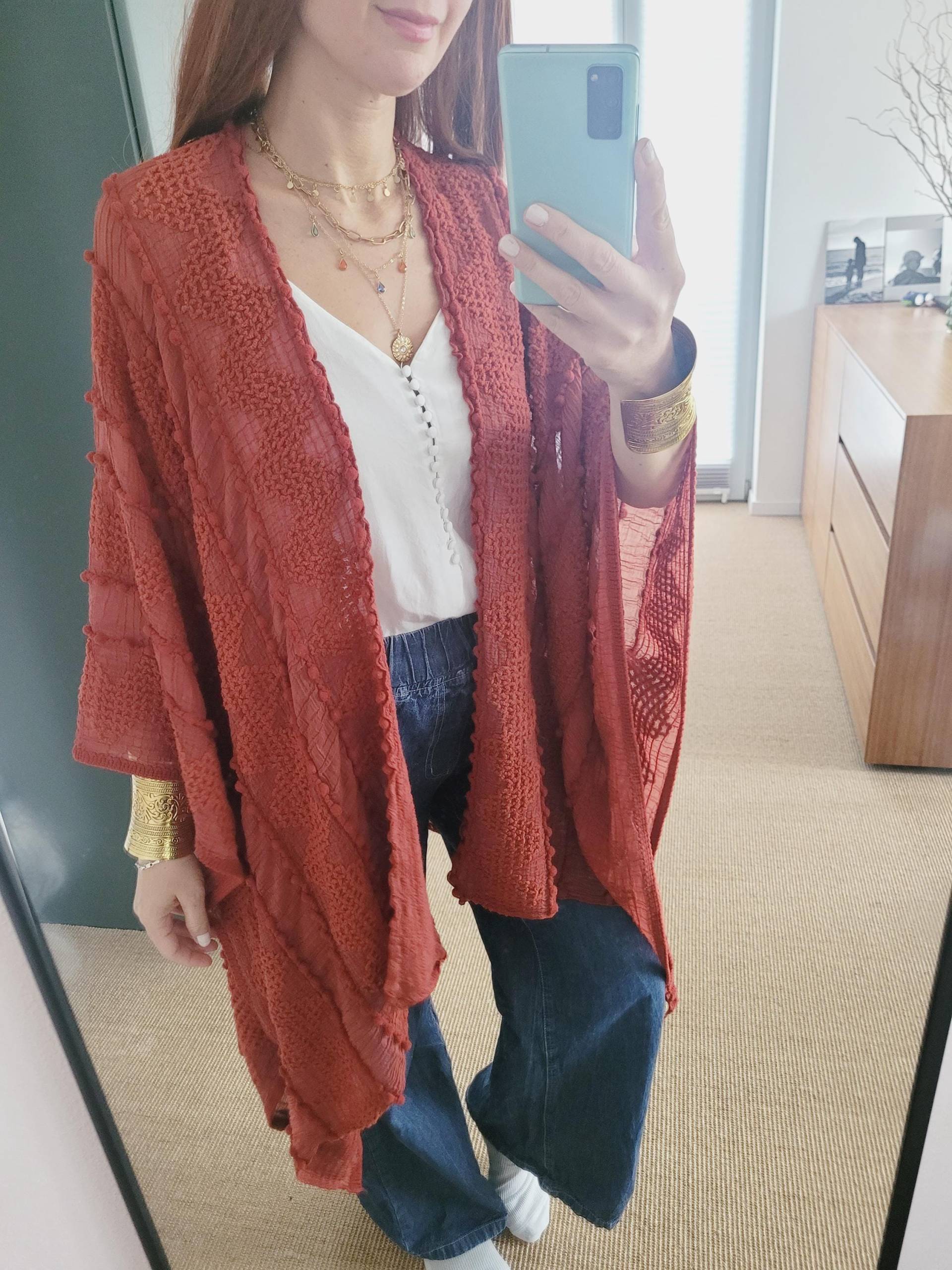 Leichter Boho Strick - Festival Kimono Cardigan Long Sleeves Bohemian Rost Ruana Festival Outfit Layering Kimono, Gehäkelter von RubyLines