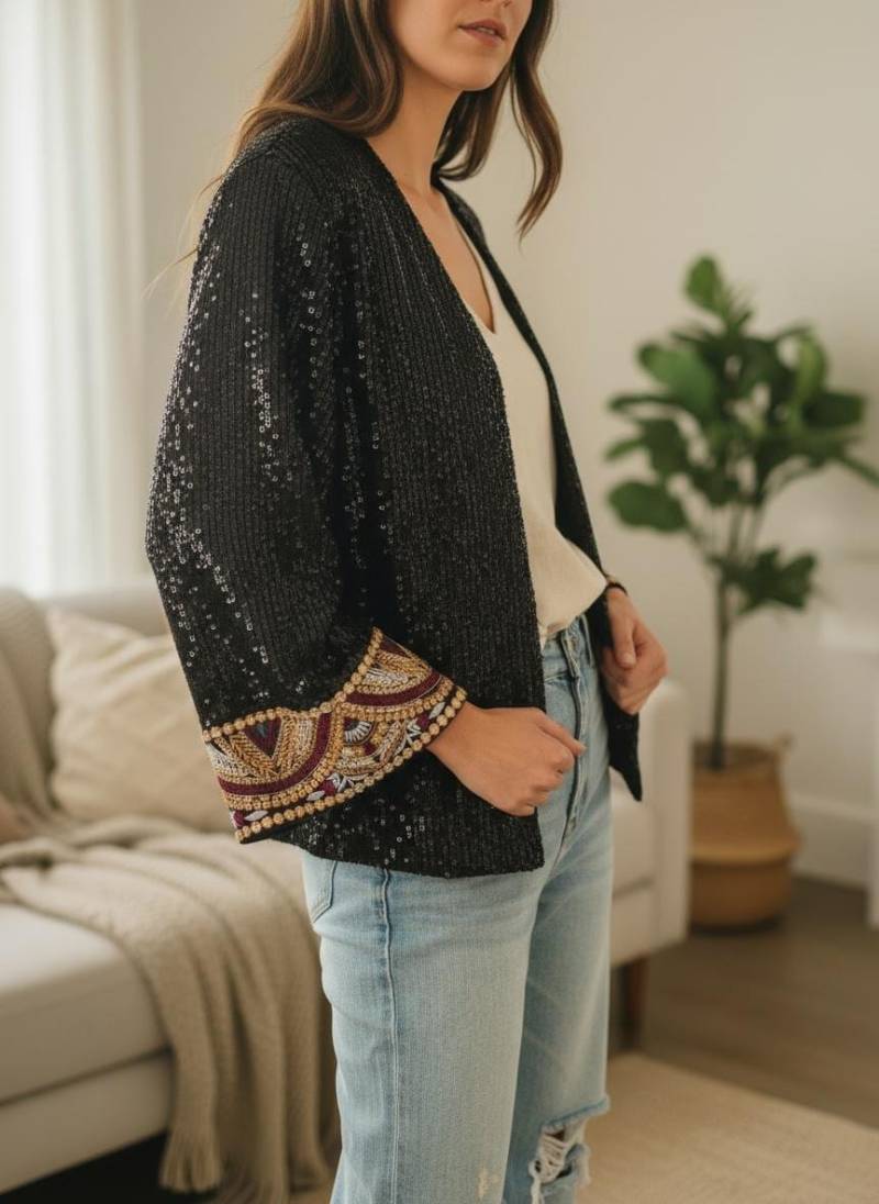 Maßgeschneiderte Schwarze Pailletten Jacke Mit Gold-Burgunder Boho-Bordüre - Luxus-Festival-Cardigan Von Rubylines Maßgeschneiderte Schwarze Pailletten Jacke Mit Gold-Burgunder Boho-Bordüre - Luxus-Festival-Cardigan Von Rubylines von RubyLines