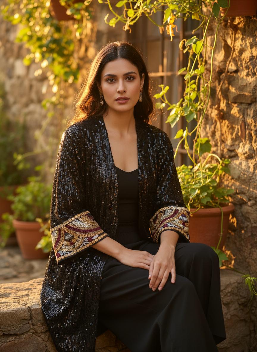 Maßgeschneiderte Schwarze Pailletten Jacke Mit Gold-Burgunder Boho-Bordüre - Luxus-Festival-Cardigan Von Rubylines Maßgeschneiderte Schwarze Pailletten Jacke Mit Gold-Burgunder Boho-Bordüre - Luxus-Festival-Cardigan Von Rubylines von RubyLines