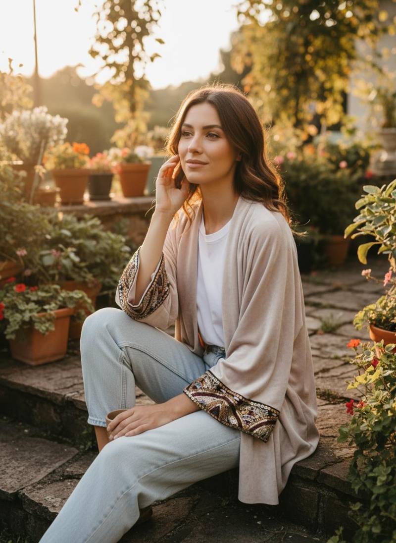 Maßgeschneiderter Beige Samt Cardigan Damen, Blazer, Lässige Boho Chic Jacke, Embroidered Kimonojacke, Plus Size Ethno Cardigan von RubyLines