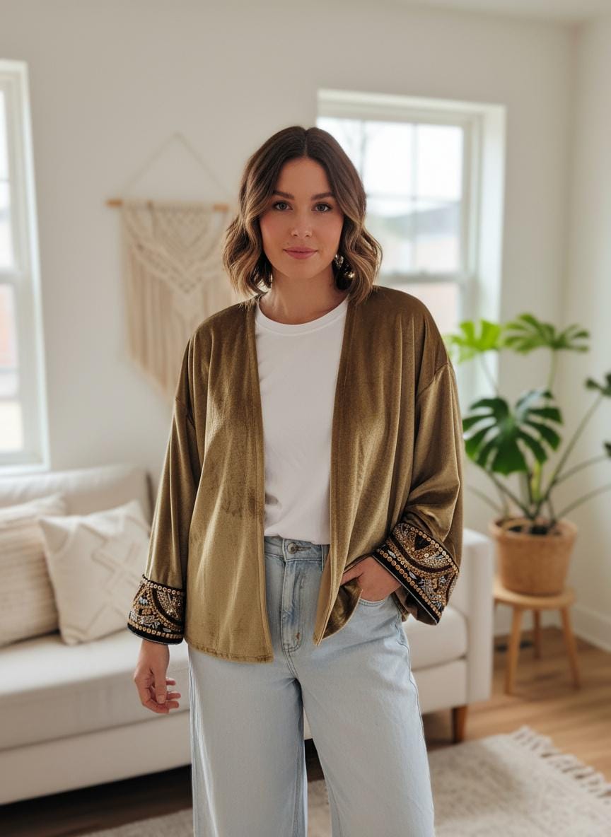 Maßgeschneiderter Gold Samt Cardigan Damen, Boho Chic Blazer, Plus Size, Embroidered Kimonojacke, Ethno Cardigan Maßgeschneiderter Gold Samt Cardigan Damen, Boho Chic Blazer, Plus Size, Embroidered Kimonojacke, Ethno Cardigan von RubyLines