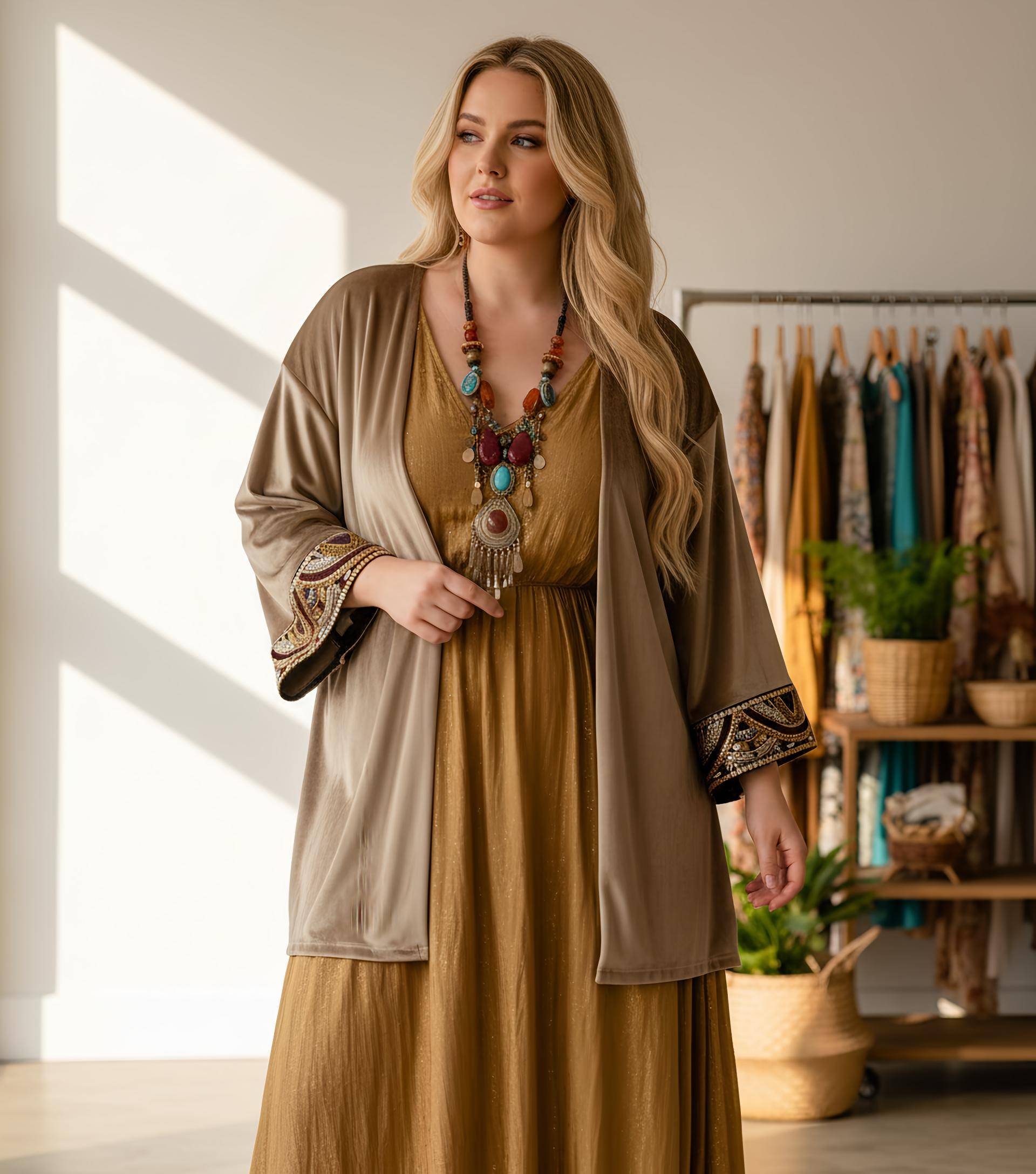 Maßgeschneiderter Gold Samt Cardigan Damen, Boho Chic Blazer, Plus Size, Embroidered Kimonojacke, Ethno Cardigan von RubyLines