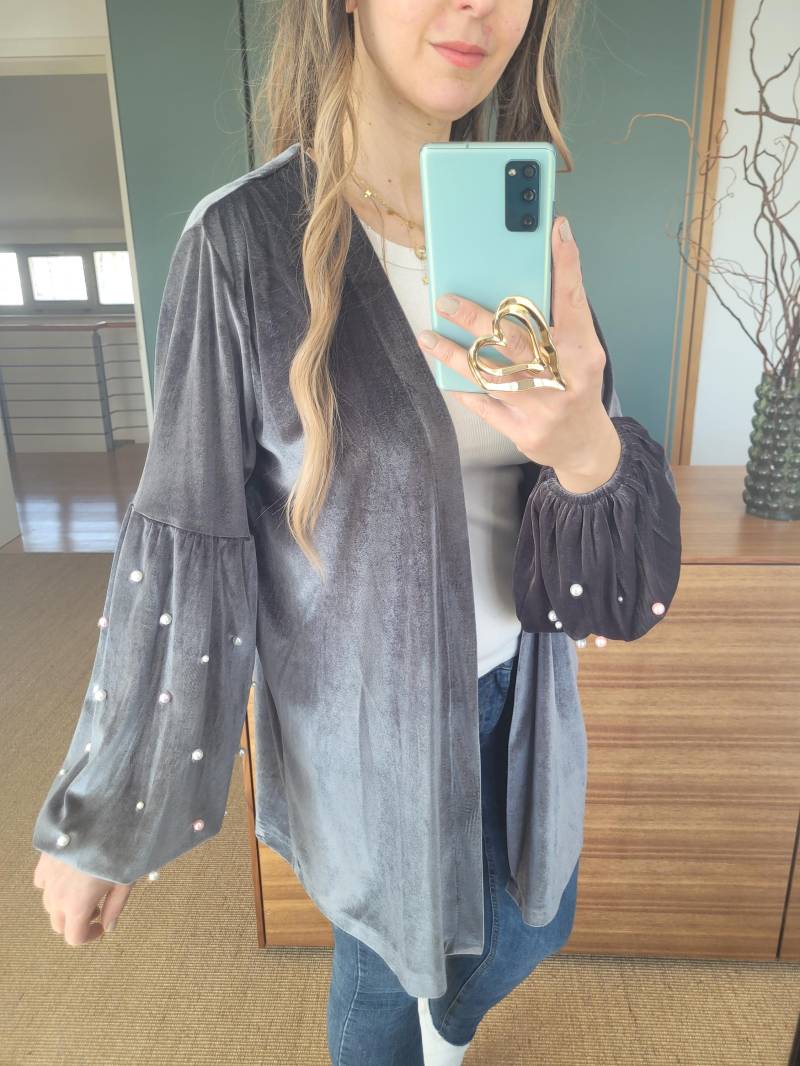 Maßgeschneiderter Samt Cardigan Mit Perlen, Jacke, Weiße Samt Kurze Läßige Jacke Damen, Plus Size Gr. S Bis 3xl, Balloon Ärmel von RubyLines