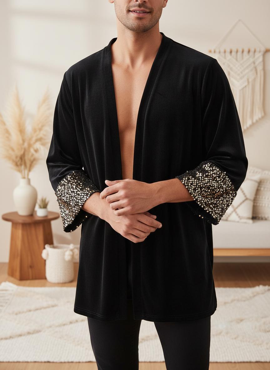 Men Velvet Kimono Cardigan Mit Paillettenborte Unisex Boho Jacket Sequin Cuff Festival, Party & Holiday Outfit von RubyLines