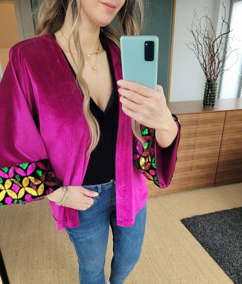Sequin Velvet Blazer Jacket, Customized Colorful Sequin Purple Cardigan, Festival Party Plus Size Jacket von RubyLines