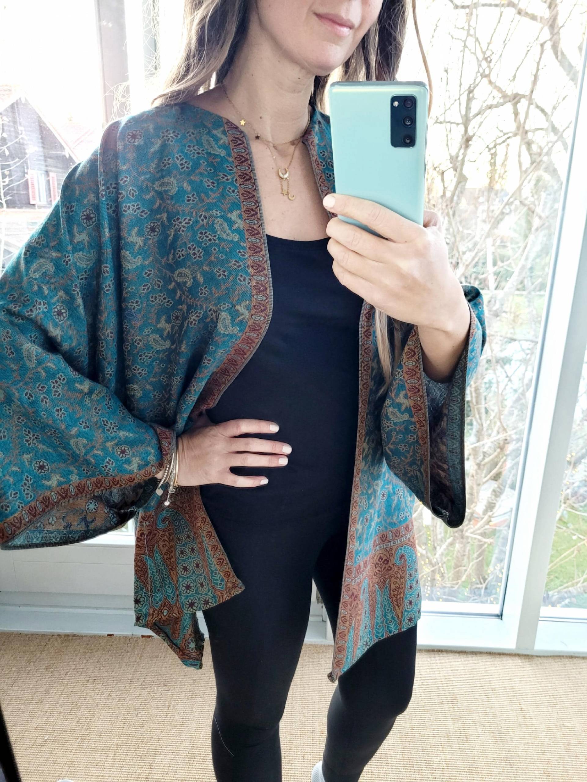 Short Oriental Cardigan, Teal Filigran Kimono, Men Light Cardigan, Festival Plus Size Christmas Jacket, Kimono Cardigan von RubyLines