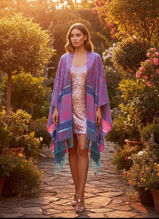 Spring Women Kimono, Langer Boho-Cardigan, Paisley-Print-Kimono, Leichter Cardigan, Pink & Purple Jacke, Grün-Goldener Kimono Men von RubyLines
