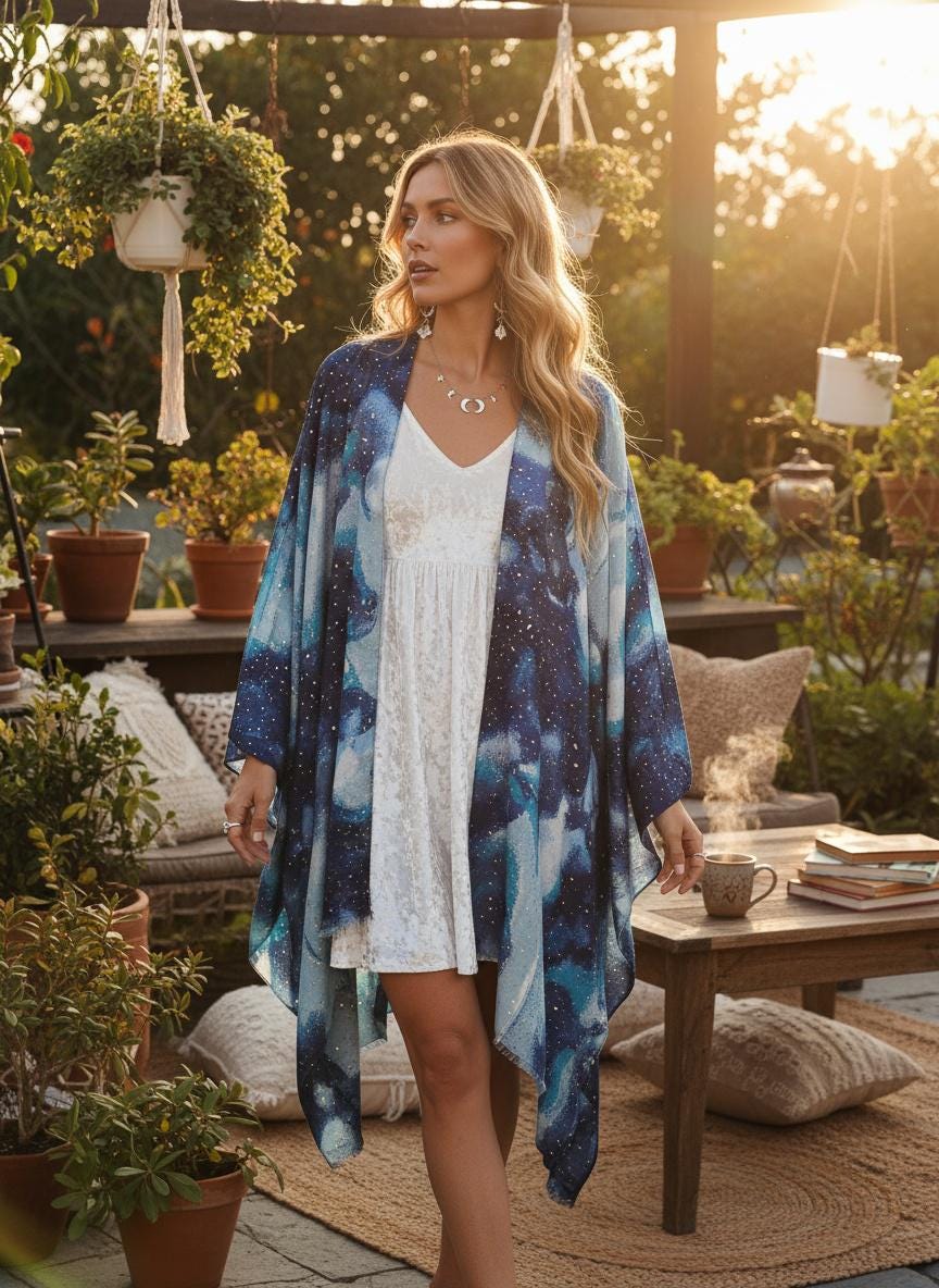 Unisex Galaxy Cardigan, Long Darkblue Kimono, Whimsical Light Cardigan, Festival Plus Size Kimono Jacket, Boho Kimono Cardigan von RubyLines