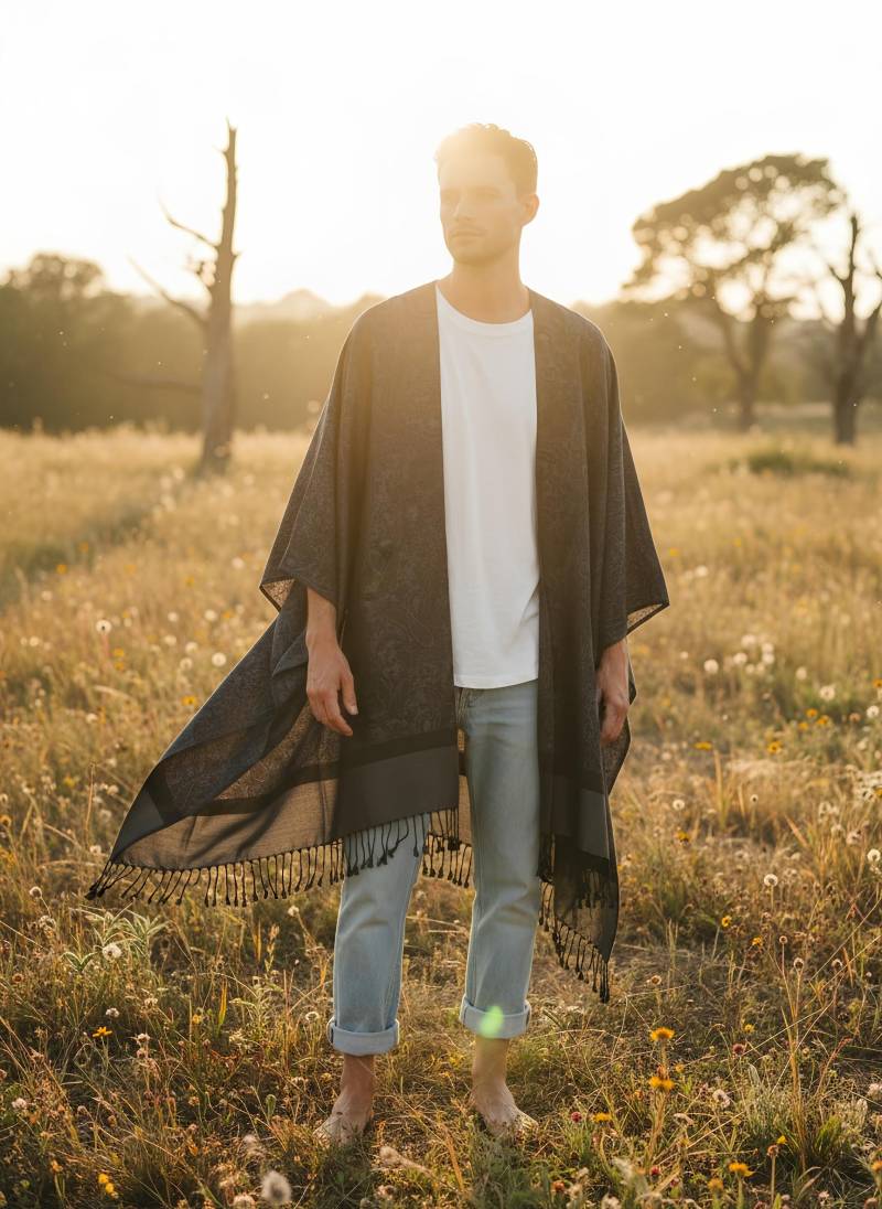 Unisex Langer Boho-Cardigan, Black Paisley-Print-Kimono, Lila Leichter Cardigan, Lässige Jacke, Waldgrüner Poncho, Kimono Men von RubyLines
