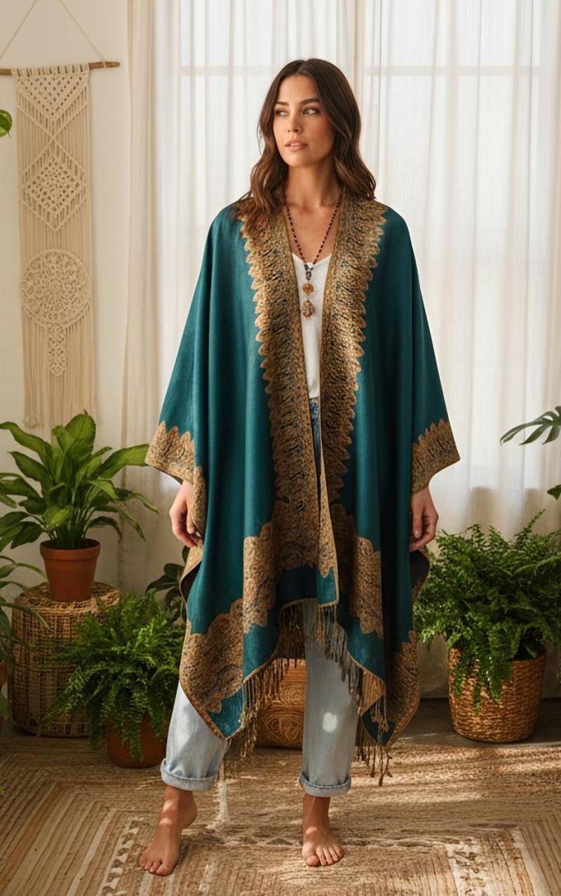 Unisex Langer Kimono , Boho-Cardigan, Dusty Pink Kimono, Leichter Petrol Cardigan, Gemusterte Jacke, Blau-Goldener Men von RubyLines