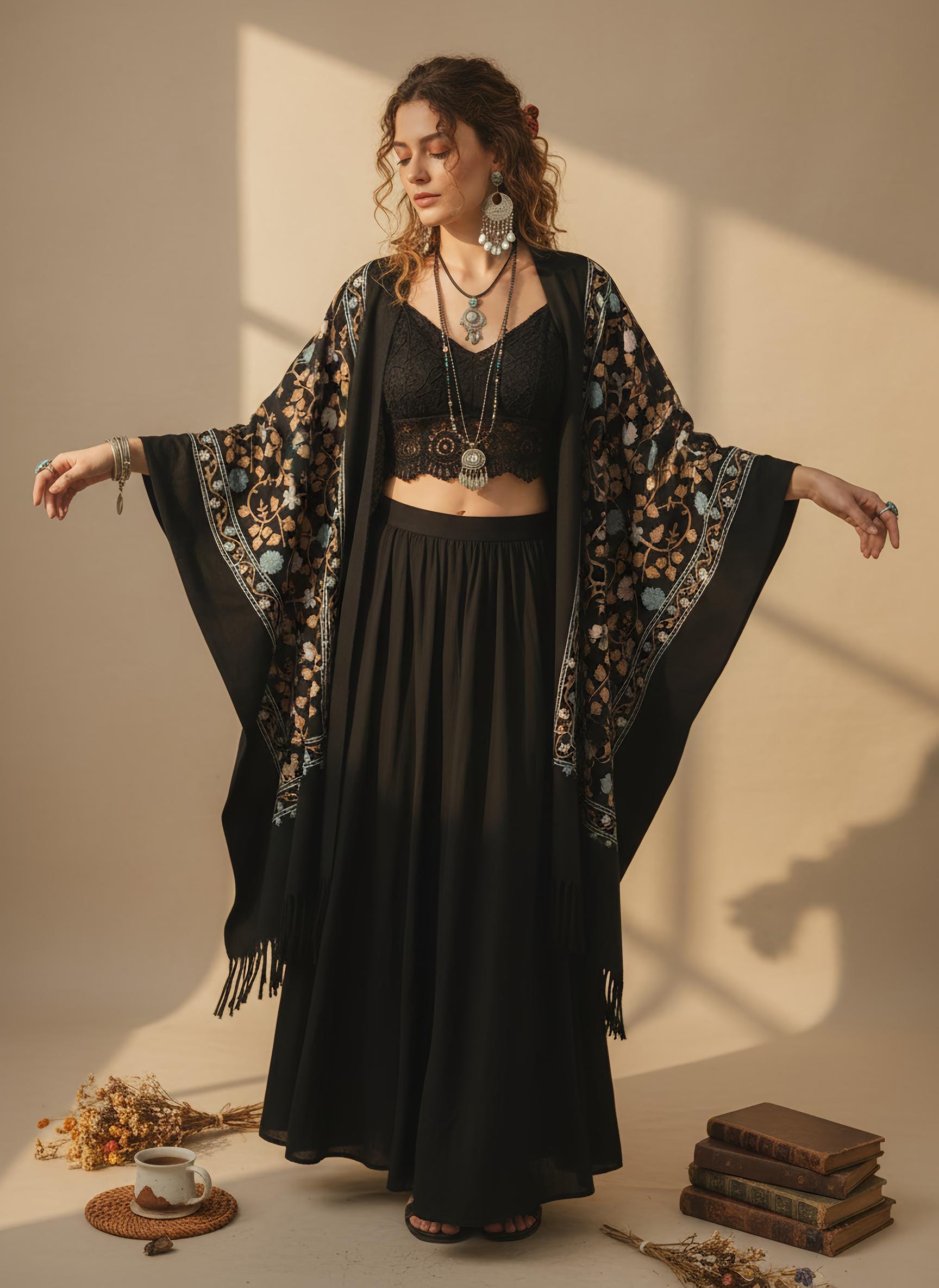 Whimsical Cardigan With Floral Embroidery, Thick Cardigan, Xxxl Fall Gothic Boho Cardigan, Black Embroidery Jacket, Whimsigoth Gift von RubyLines