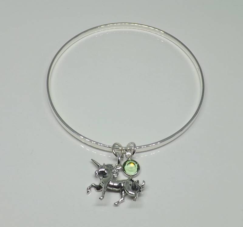 Massive Sterling Silber 3 Mm Armreif Mit 3D Einhorn Und Swarovski Birthstone Charme Personalisierte Geschenk von RubyRedGems