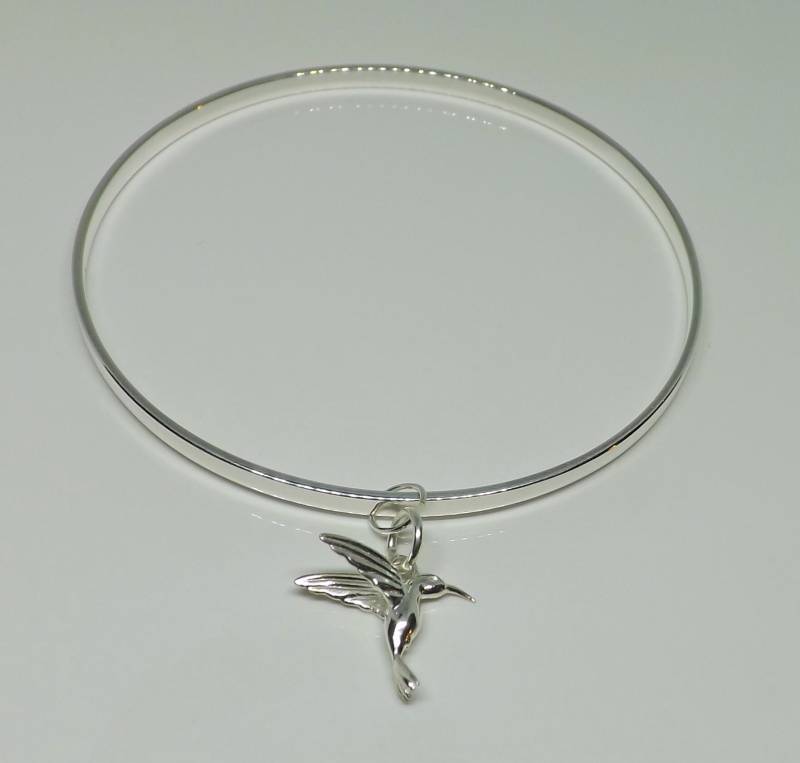 Massiver Polierter Sterling Silber 3mm Armreif & Kolibri Charm Geschenk Für Sie von RubyRedGems