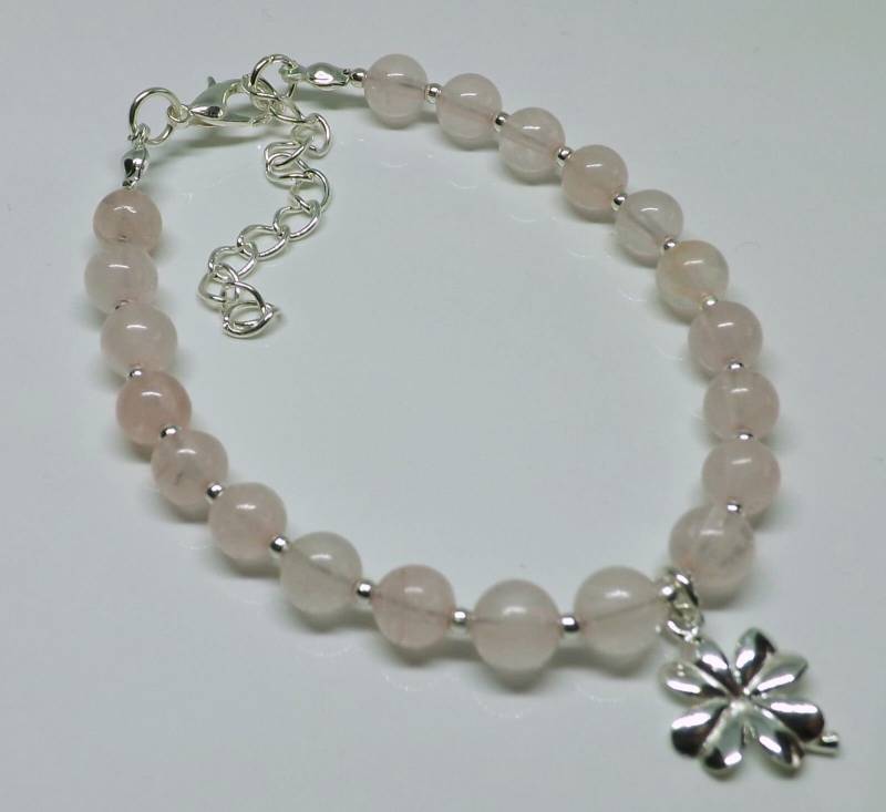 Rosenquarz Silber Glücksklee Bettelarmband Charm Armband Sterlingsilber Rosenquarz-Geschenk Für Sie Heilung von RubyRedGems