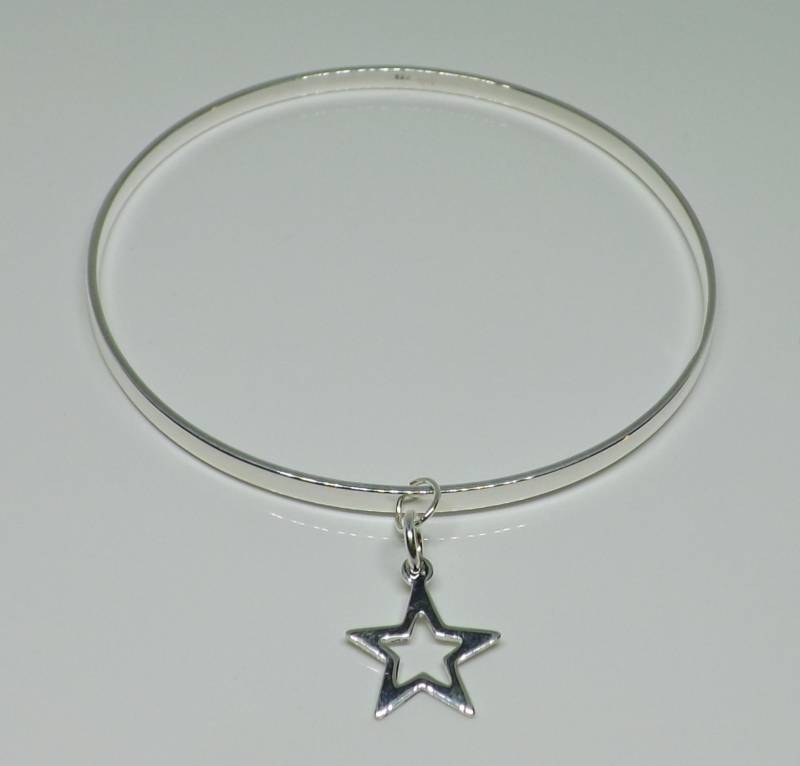Solide Poliert Sterling Silber 3mm Armreif & Stern Charme Solid Geschenk Für Sie von RubyRedGems