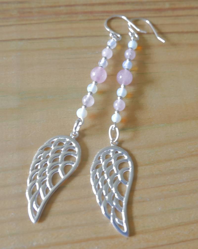 sterling Silber Engel Flügel Rose Quarz Mondstein Lange Tropfen Ohrringe Heilung Edelstein Geschenk Für Ihre Erinnerung von RubyRedGems