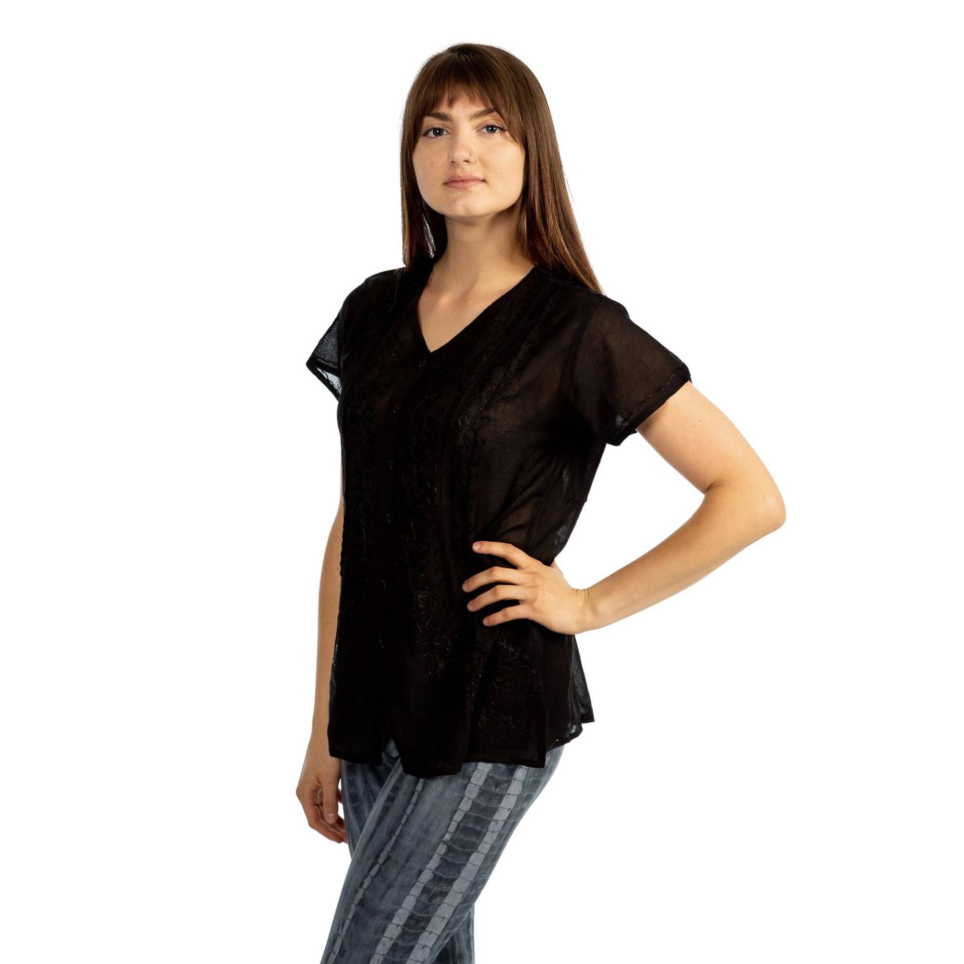 Schwarze Rose Bestickte Kurze Rüschenärmel, Boho, Handgefertigtes Besticktes Oberteil, Cottage Core Schwarzes Frauengeschenk, Schicke Bluse von RubySera