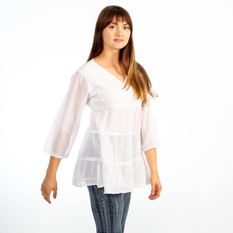 Weißes Boho Besticktes Klee 3/4 Ärmel Top Zum Binden, Schiere Hippie Style Shirt, Baumwollkleid Bluse, Frauen Geschenk, Freundin Geschenk von RubySera