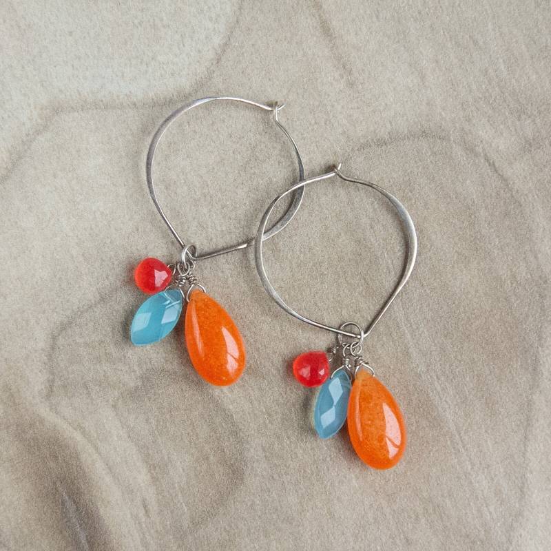 Edelstein-Trio-Creolen, Lotus Creolen Ohrringe, Sonne Und Meer Edelsteinohrringe, Sterling Silber Edelstein-Trio-Creolen, Lotus Creolen Ohrringe, Sonne Und Meer Edelsteinohrringe, Sterling Silber von RubySkyDesign