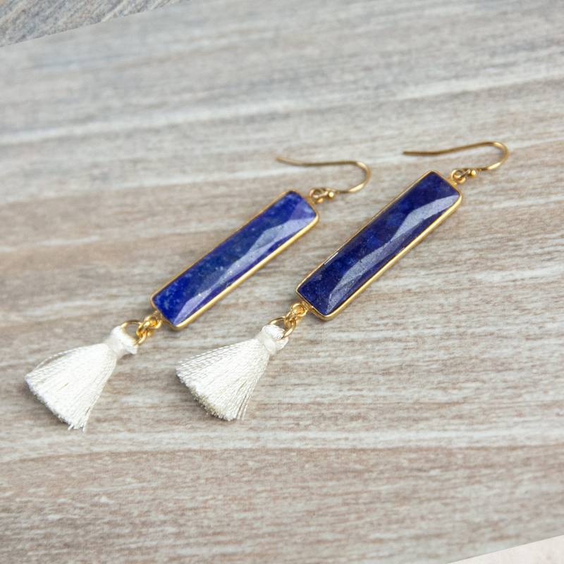 Lapis Bar Ohrringe, Quasten Lazuli Blaue Edelstein Ohrringe von RubySkyDesign
