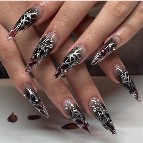 24pcs Lange Mandel & Stiletto Gothic Style Press on Nails - Strass Kreuz & Silber Swirl Design - Full Cover Stick on Fake Nails mit Werkzeug Kit für Frauen Mädchen DIY Maniküre Party Geschenk von RubyTint