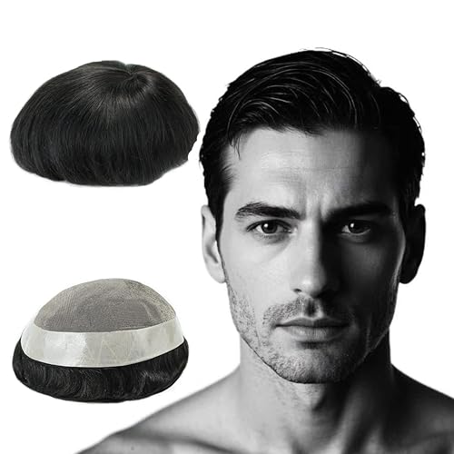 Robustes Mono-Indisch-Toupet für Männer, Haarersatz Systeme Mann, natürliche atmungsaktive Mono-Spitze mit PU-Echthaarperücken für Männer Schwarz Basisgröße（Schwarz 1B#, 110% Dichte） (6 * 8IN) von Rubyonly