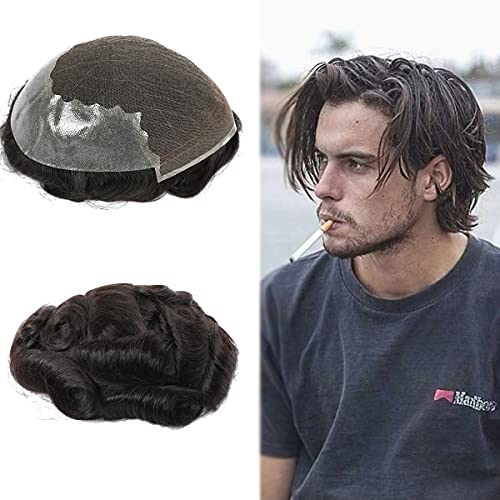 Toupee men Lace & PU Base Male Hair Prosthesis Wig Diamond Lace Top 100% Natural Human Hair Wig For Man Blenched Front (#NC, 7x9(Zoll), Wellig) von Rubyonly