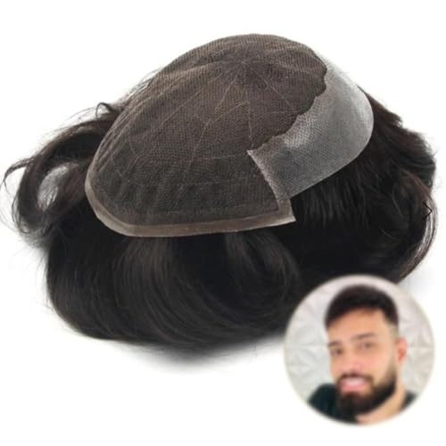 Toupet Für Männer Spitze & PU Basis Echthaar Ersatz System Langlebige Männliche Haar Prothese Perücken 130% (Farbe#2, 7 x 9(Zoll), Wellig) von Rubyonly