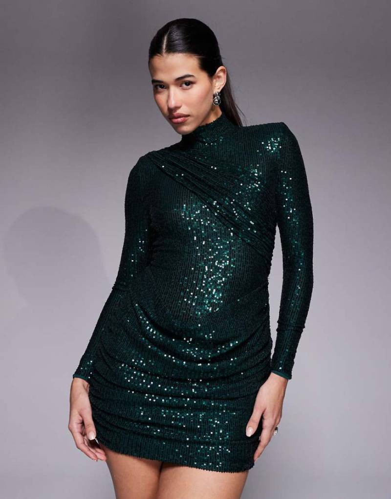 Ruched & Ready - Hochgeschlossenes Minikleid in Smaragdgrün mit Paillettenbesatz, herausnehmbaren Schulterpolstern, Drapierung vorne und gerafftem Rockteil Ruched & Ready - Hochgeschlossenes Minikleid in Smaragdgrün mit Paillettenbesatz, herausnehmbaren Schulterpolstern, Drapierung vorne und gerafftem Rockteil von Ruched & Ready