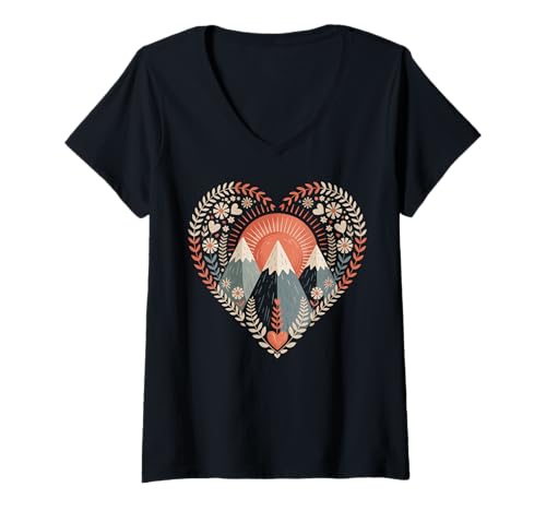 Damen Nature Heart Wandern Natur T-Shirt mit V-Ausschnitt von Rucksacktourist Camper Camping Wanderer