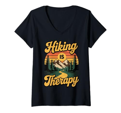 Damen Hiking is Therapy T-Shirt mit V-Ausschnitt von Rucksacktourist Wanderer Berg Natur Wanderweg