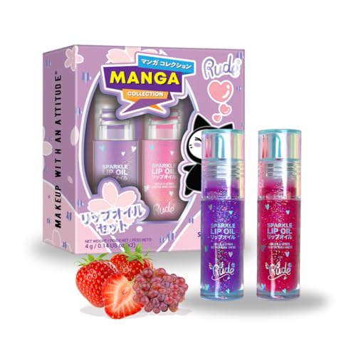 RUDE Cosmetics Manga Collection Sparkle Lip Oil Duo by RUDE Cosmetics für Damen – 2 Stück, 0,14 oz Sparkle Lip Oil – Straharme, 0,14 oz Sparkle Lip Oil – Grape von Rude