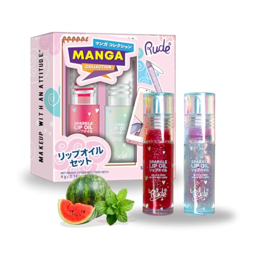 RUDE Cosmetics Manga Collection Sparkle Lip Oil Duo by RUDE Cosmetics für Damen – 2 Stück, 0,14 oz Sparkle Lip Oil – Watermelon, 0,14 oz Sparkle Lip Oil – Minze von Rude