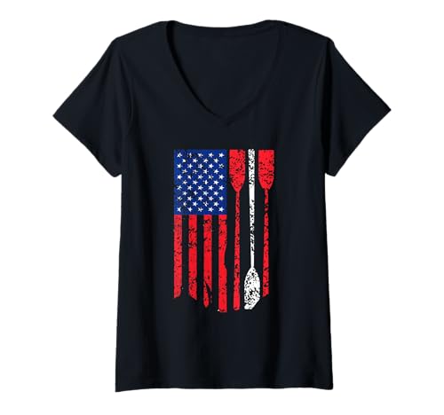 Damen USA Flagge Rudern Paddel Patriotisches Mannschaftsdesign T-Shirt mit V-Ausschnitt Damen USA Flagge Rudern Paddel Patriotisches Mannschaftsdesign T-Shirt mit V-Ausschnitt von Ruderfreunde Und Outdoor Wasser Sportler