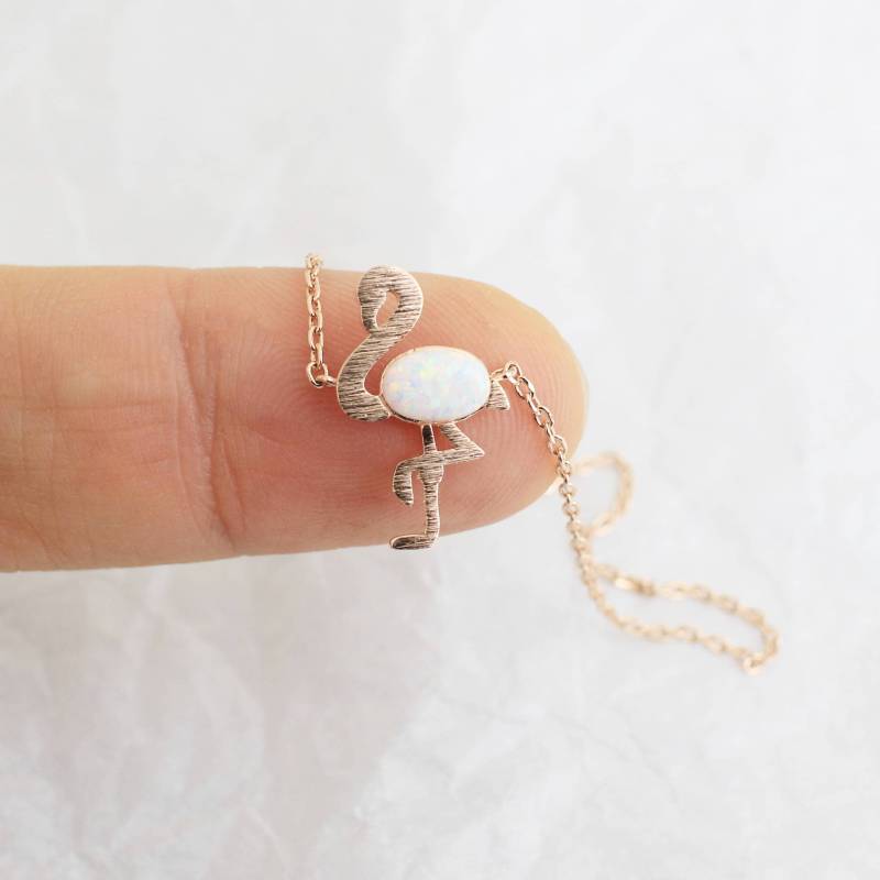 Rose Gold Flamingo Halskette Opal Stein Charm, Zarter Schmuck von Rudiana