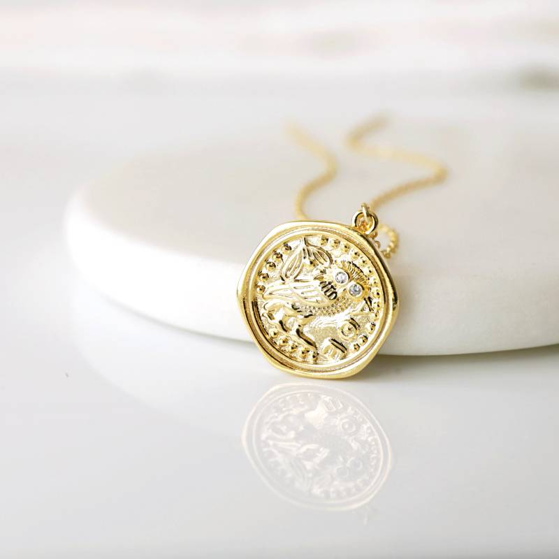 Gold Eule Anhänger Halskette Cz Stein Augen, Vergoldetes Messing von Rudiana